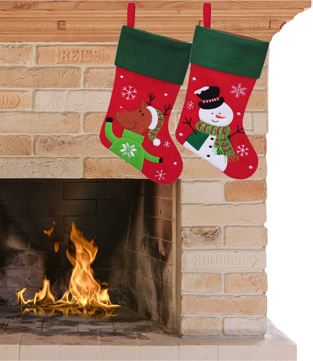 Merkloos Kerstsokken>Decoratie Kerstsokken - Set 2X St - Rood - Sneeuwpop En Rendier- H45 Cm