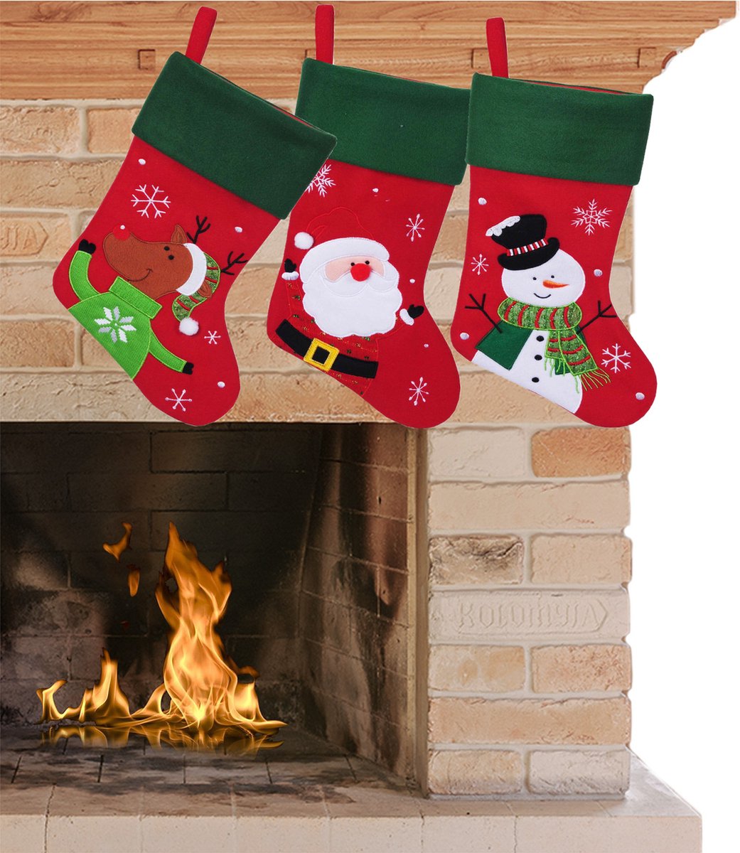 Merkloos Kerstsokken>Decoratie Kerstsokken - Set 3X St - Rood - Kerstman,Sneeuwpop, Rendier - H45 Cm