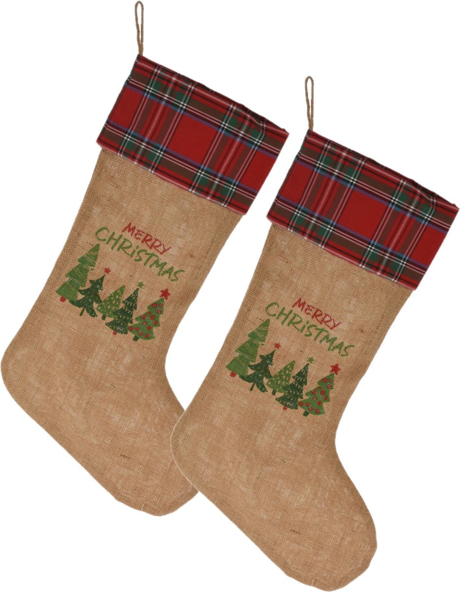 Merkloos Kerstsokken>Christmas Decoration Kerstsokken- 2X St - Geruite Rand - H52 Cm - Jute/Polyester