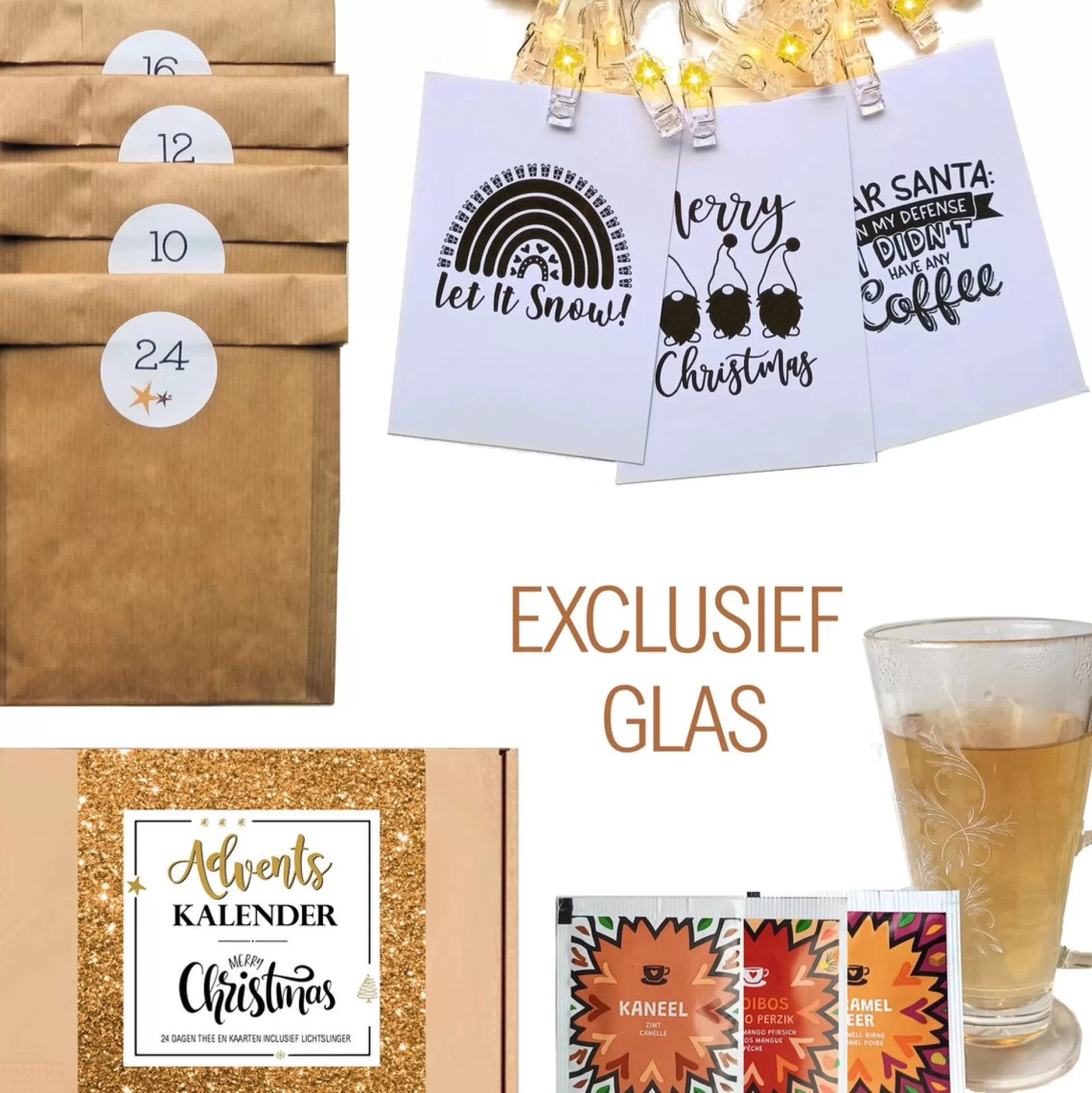 Merkloos cadeau adventskalender Adventskalender Kerst 2023 Met Thee En Quote Kaarten + Lichtsnoer + 25 Kaarten + 24 Theetjes | Cadeau | Advent | Sale