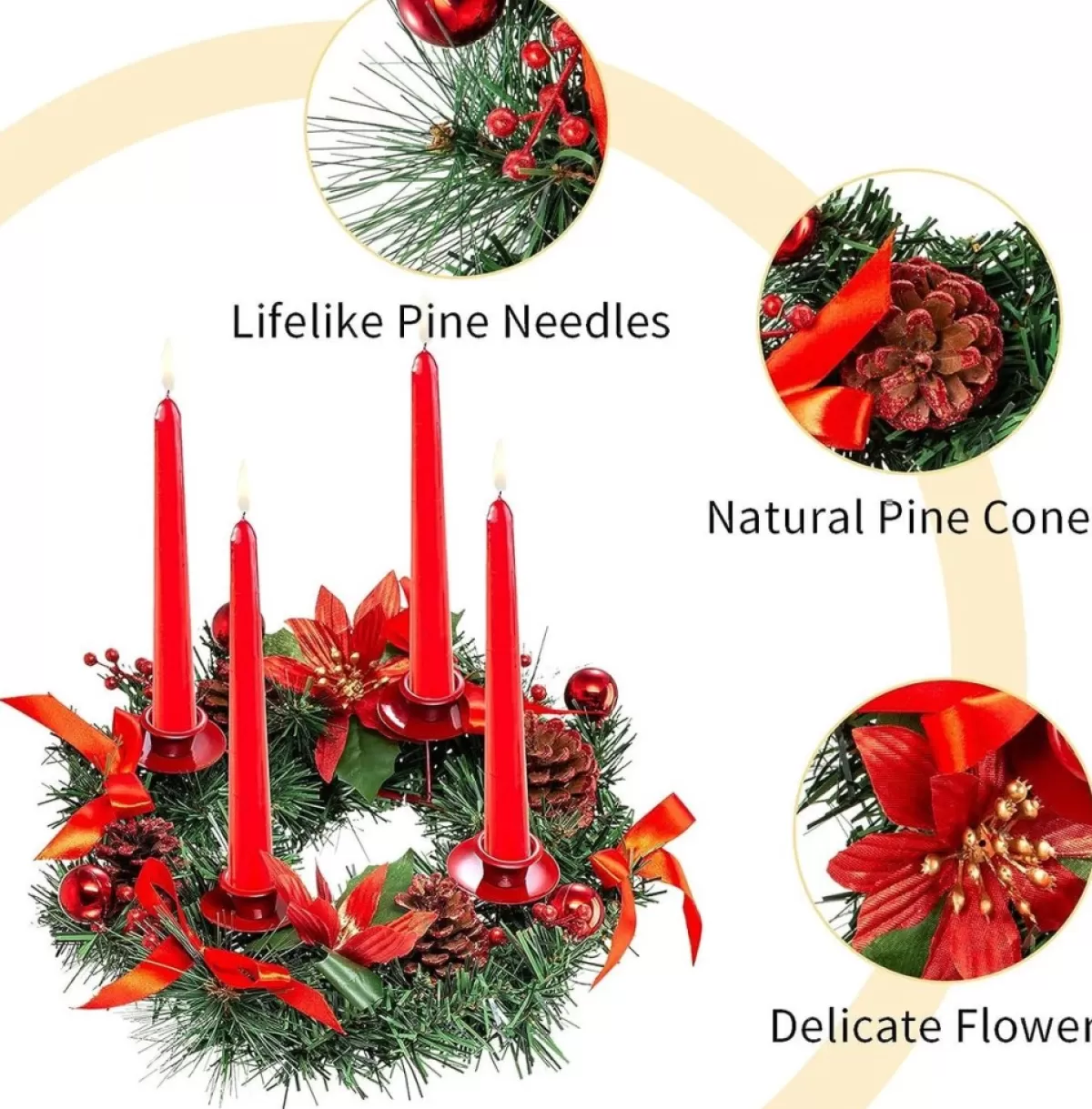 * Kerstkransen>Adventskrans Kunstkandelaar Kerstmis - Kerstkrans Met 4 Kandelaars Adventkrans, Decoratie, Tafeldecoratie Voor Kaarsen, Puntige Kaarsen, 30 Cm, Rood, 30 Cm