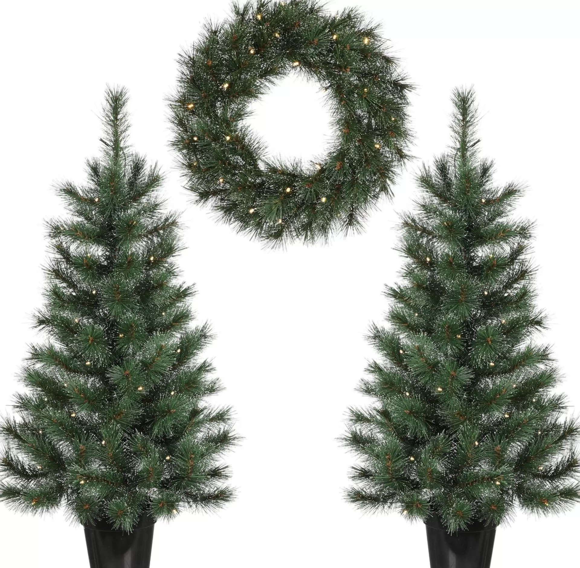 Black Box Trees Glendon Set Van 2 Kerstbomen En 1 Krans Met Led Verlichting - Groen Outlet