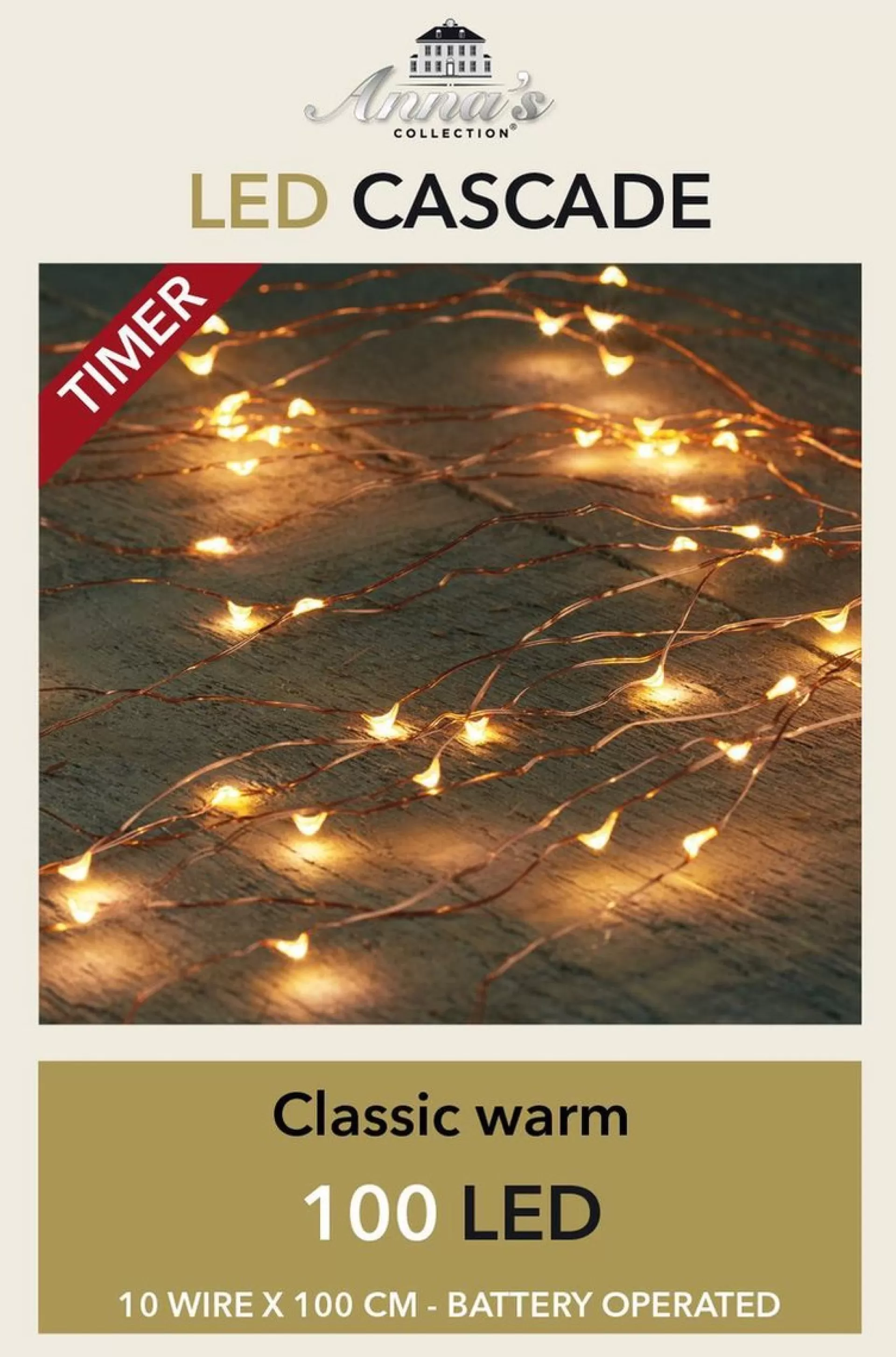 Anna's Collection Cascade Draadverlichting Lichtsnoer Met 100 Lampjes Classic Warm Wit Met 10 Lichtdraden - Op Batterijen - Kerstverlichting Flash Sale