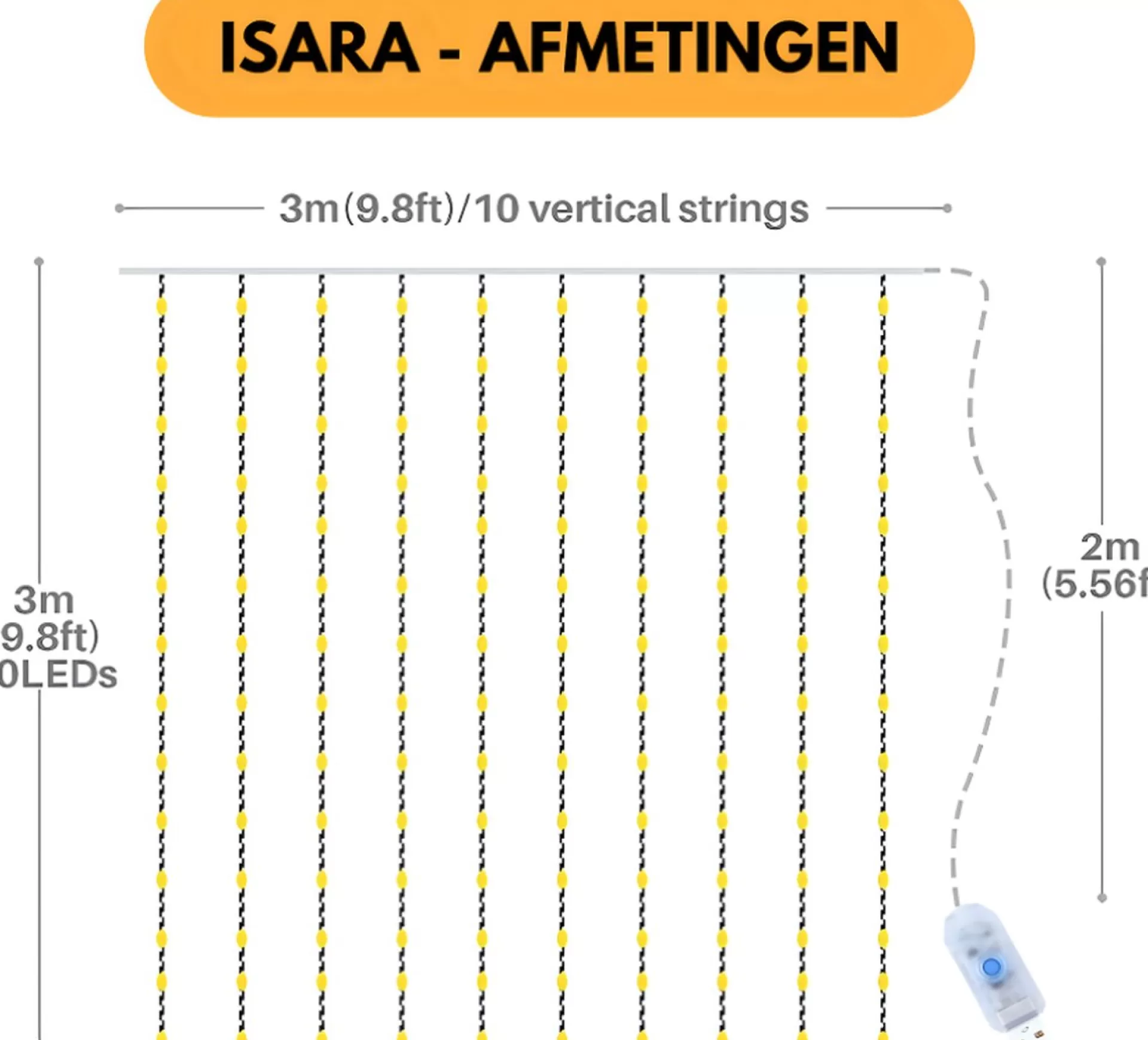 Isara 3X3 Meter Kerst Lichtgordijn - 300 Led's Met Afstandsbediening - Gele Sfeerverlichting - Usb-Aangedreven - Voor Binnen - Complete Handleiding - Perfect Voor Kerstdecoratie - Led Lichtsnoer Best