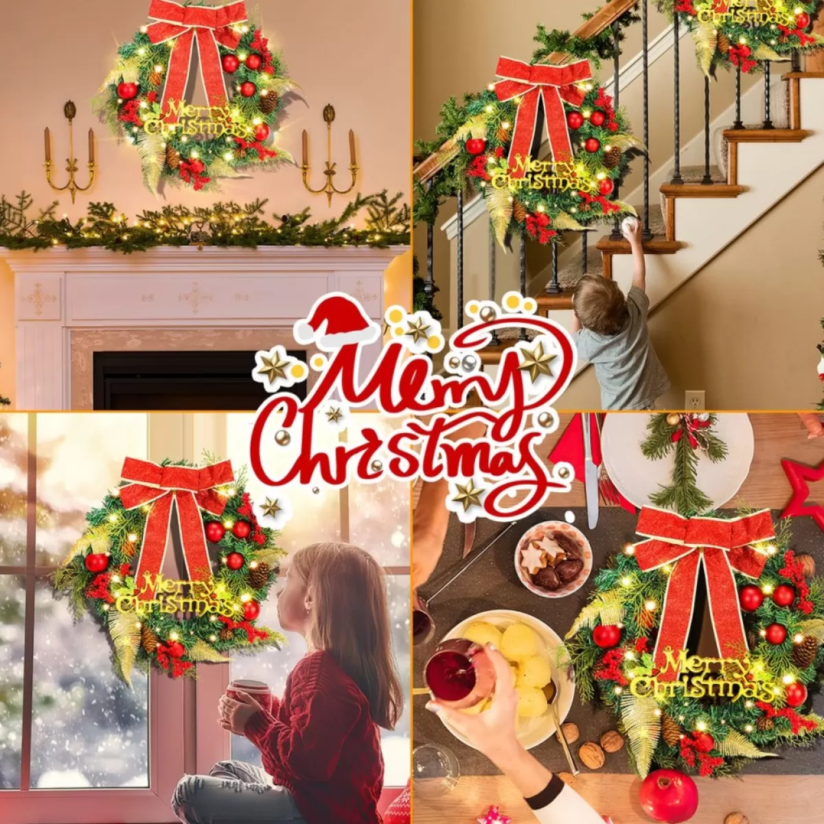 Merkloos Kerstkransen>Kerstkrans 45Cm 50 Led Verlichting - Kerstballen Met Rood En Bruinelint Kerstdecoratie Kerstmis Kunststof