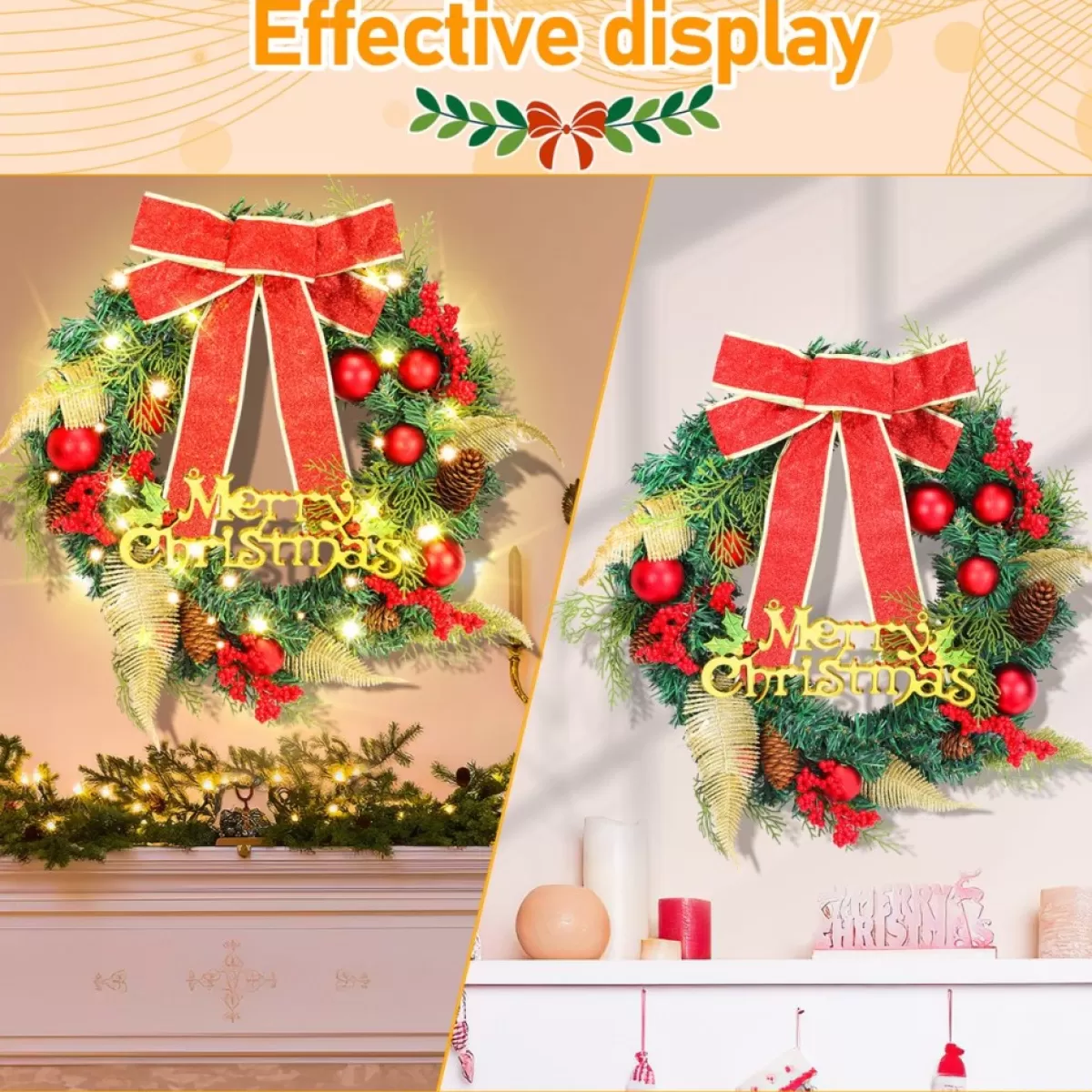 Merkloos Kerstkransen>Kerstkrans 45Cm 50 Led Verlichting - Kerstballen Met Rood En Bruinelint Kerstdecoratie Kerstmis Kunststof