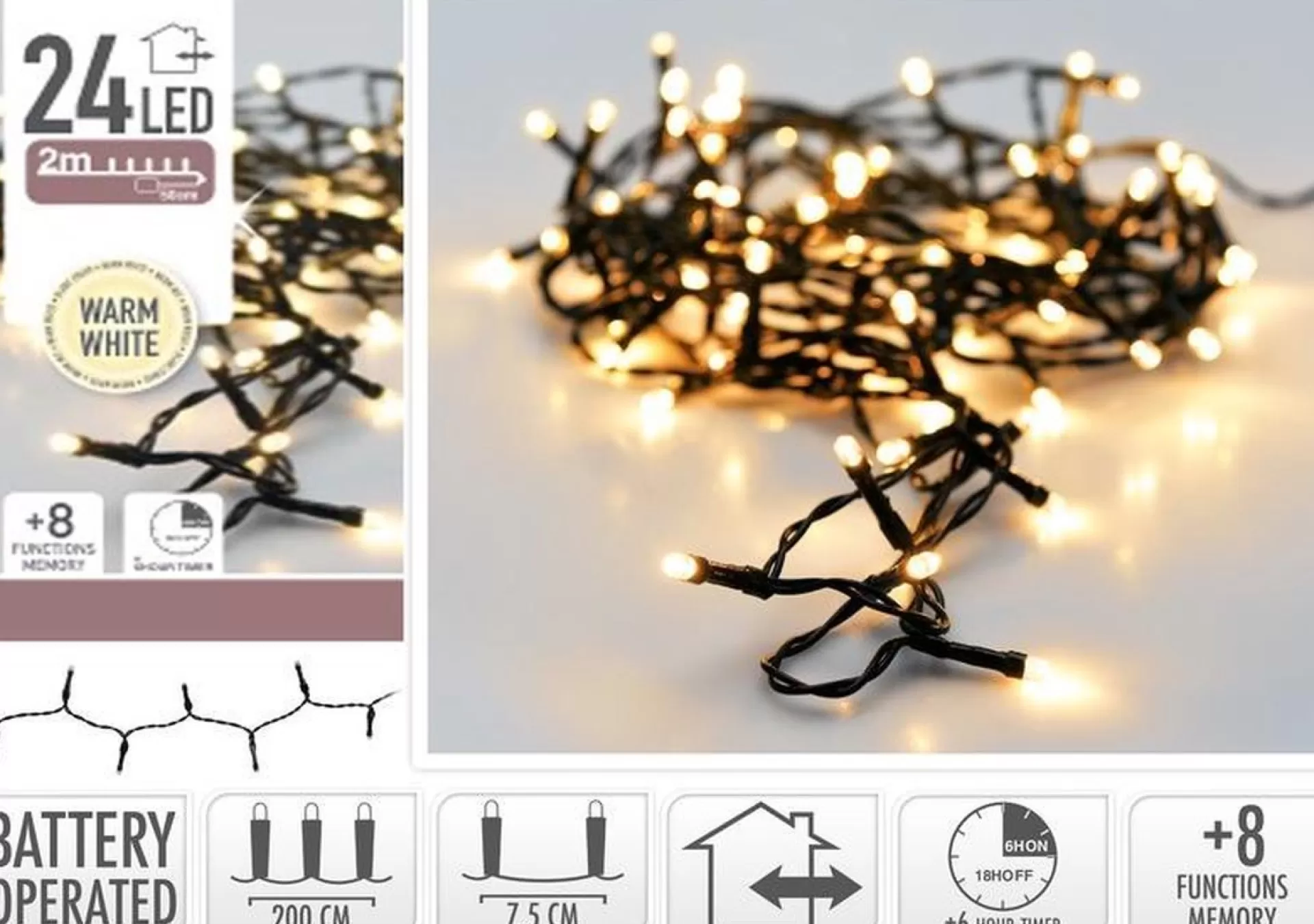Bellatio Decorations Kerstverlichting 24 Warm Witte Lampjes Op Batterij 2 Meter Met Timer - Kerstlampjes/Kerstlichtjes Op Batterijen Fashion