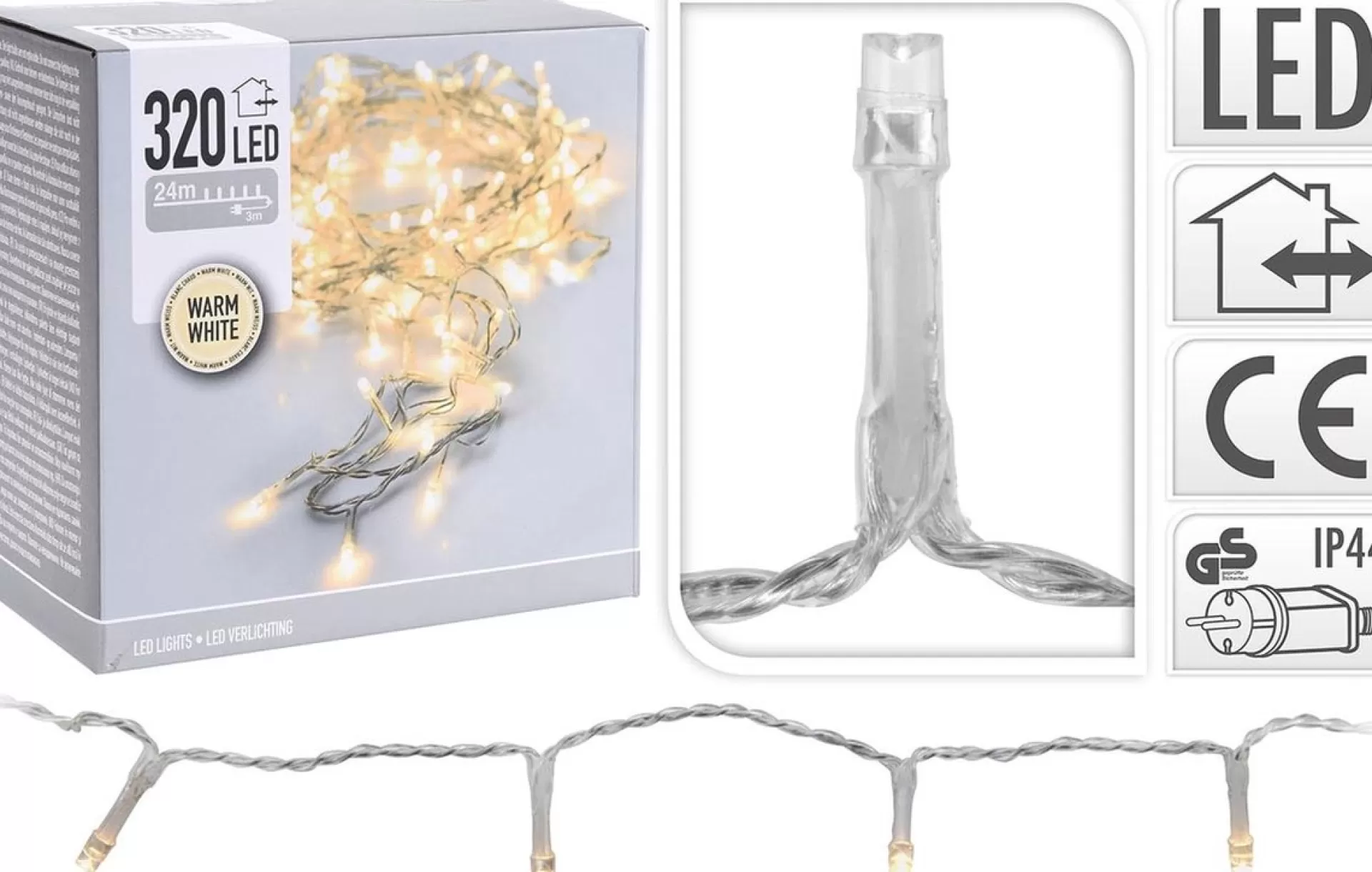 Merkloos Kerstverlichting Transparant Snoer Met 320 Warm Witte Lampjes - 24 Meter - Kerstlampjes/Kerstlichtjes - Binnen/Buiten Flash Sale