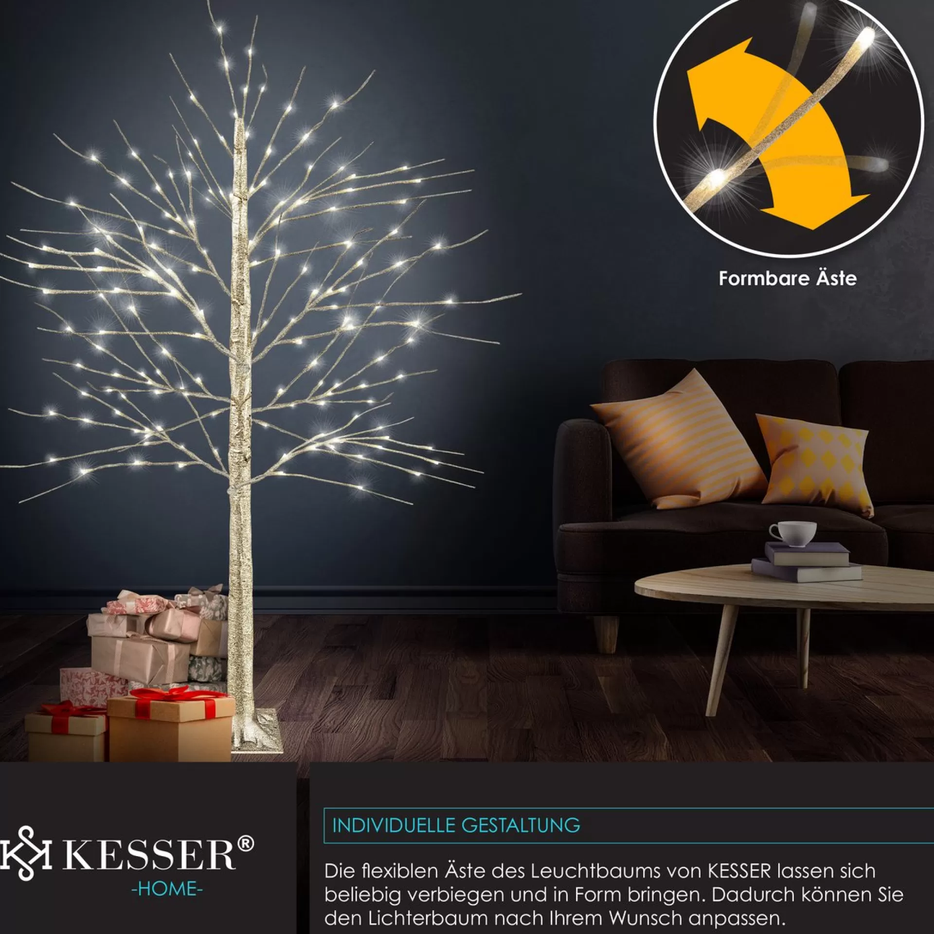 Kesser ® Kersenbloesem Boom Met Afstandsbediening | Lichtboom Binnen Buiten Metalen Stal | Kerstverlichting Verlichte Boom Warm Wit - 220Cm, Goud Best Sale
