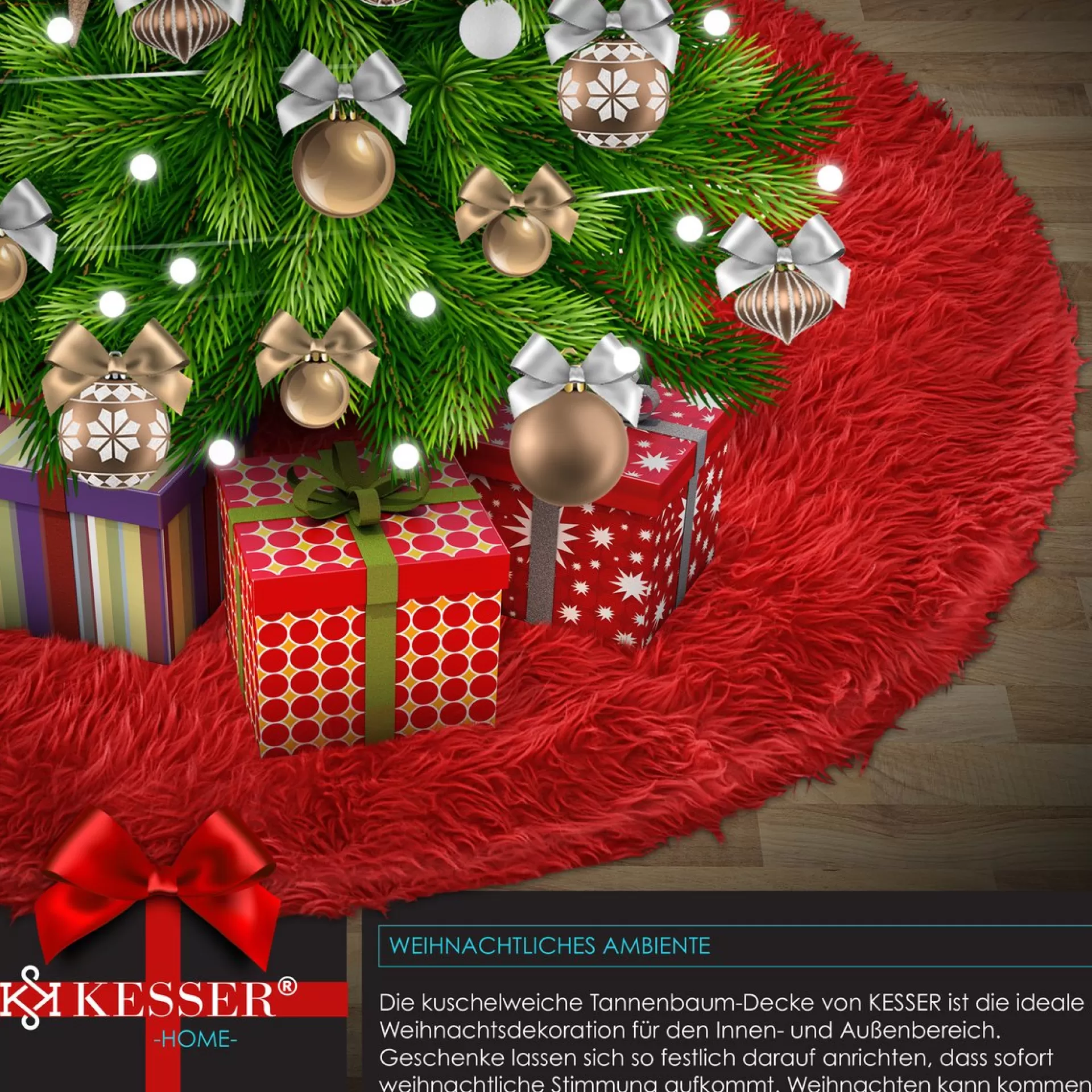 Kesser ® Kerstboomrok Kerstboomkleed Imitatiebont Rond Kerstboom Tapijt Vilt Pluche Voor Sneeuw Decoratie Versieringen Rood - O 122 Cm Cheap