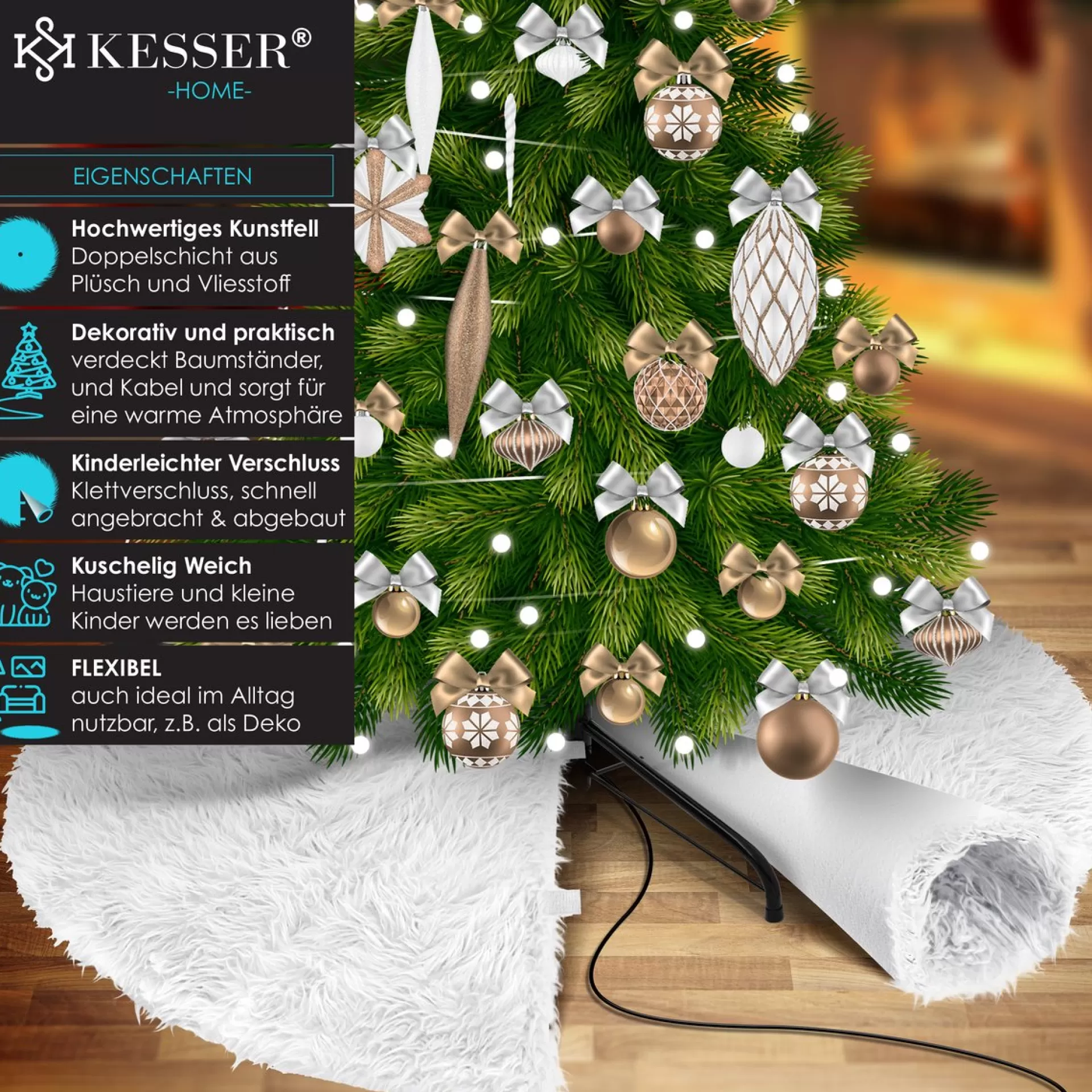 Kesser ® Kerstboomrok Kerstboomkleed Imitatiebont Rond Kerstboom Tapijt Vilt Pluche Voor Sneeuw Decoratie Versieringen - Wit / O 122 Cm Wit - O 122 Cm Discount