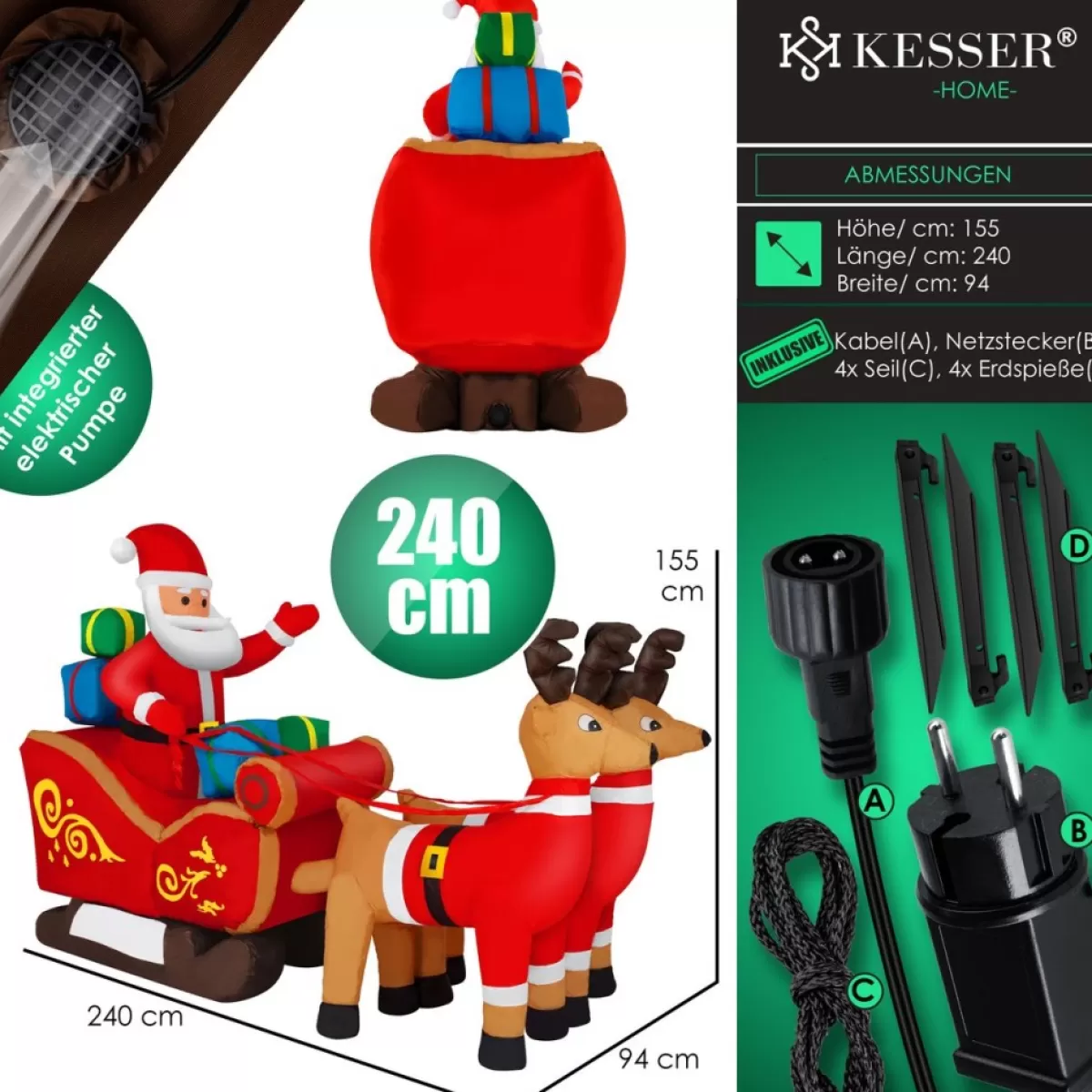 Kesser Kerstbeelden>® Opblaasbare Kerstman Met Slee Xl Led Verlicht - Kerstman Pop Met Rendier Kerstverlichting Incl. Bevestigingsmateriaal Kerstversiering Kerstdecoratie