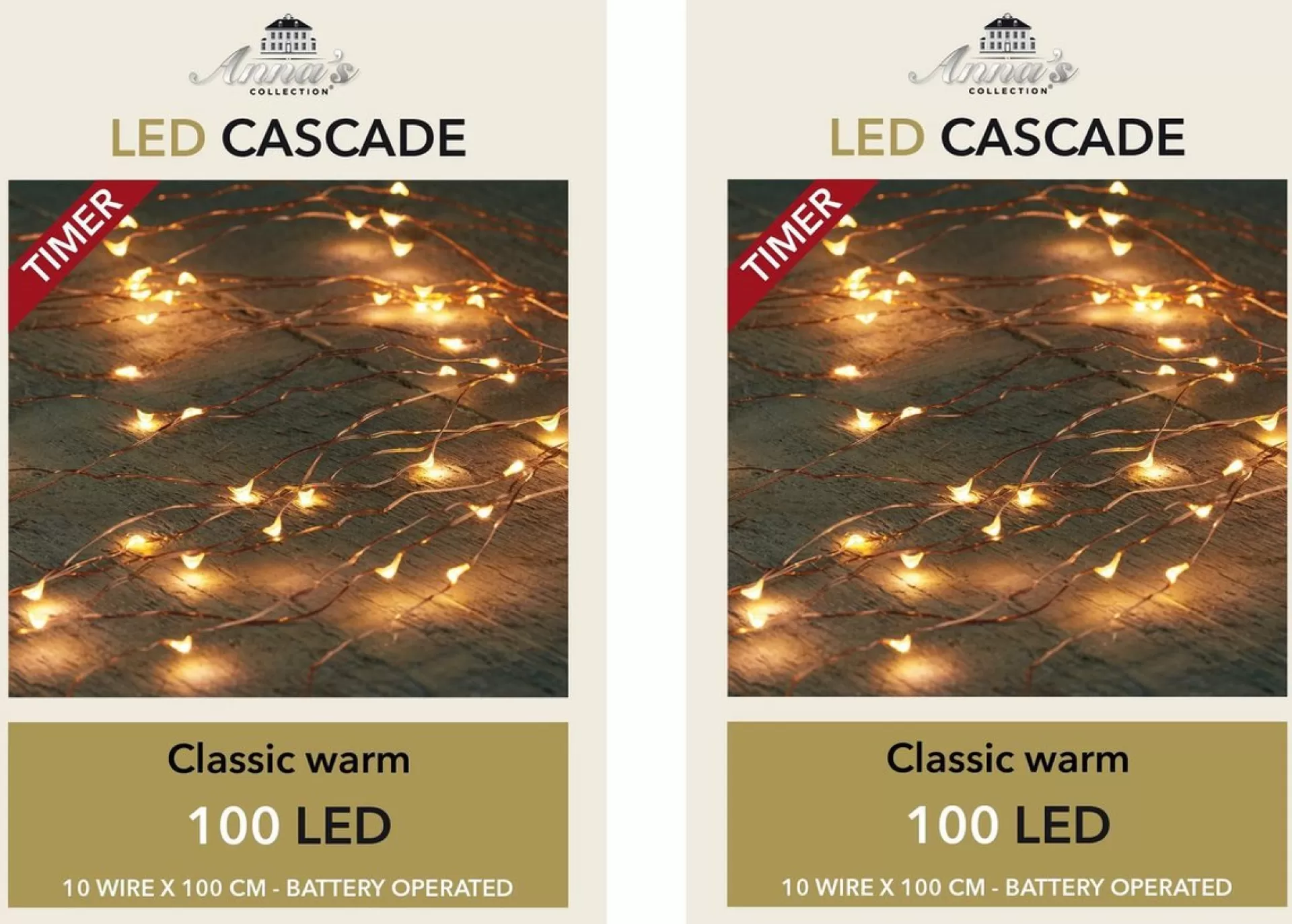 Anna's Collection Kerstlichtsnoeren>Set Van 2X Stuks Cascade Draadverlichting Lichtsnoer Met 100 Lampjes Warm Wit Met 10 Lichtdraden - Kerstverlichting
