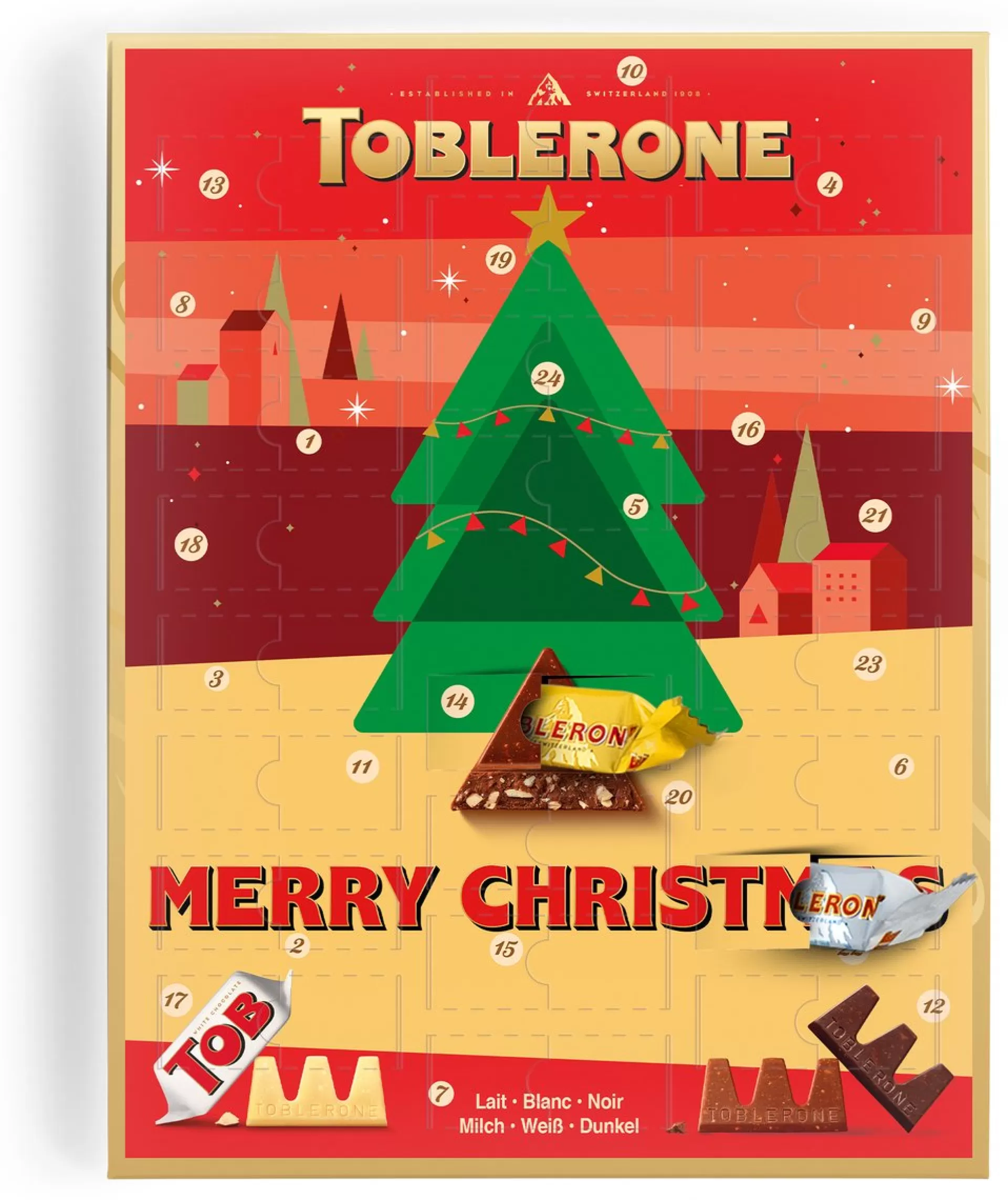 Toblerone Adventskalender - Adventkalender 2022 - 24 Overheerlijke Chocolaatjes - Verschillende Smaken Chocolade - Het Perfecte Kerstcadeau - "Fijne Feestdagen" Flash Sale